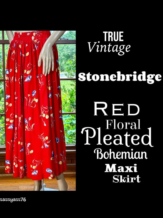 Vintage Dresses & Skirts - ▪️VTG▪️STONEBRIDGE▪️1990's Red Floral Pleated Bohemian Maxi Skirt